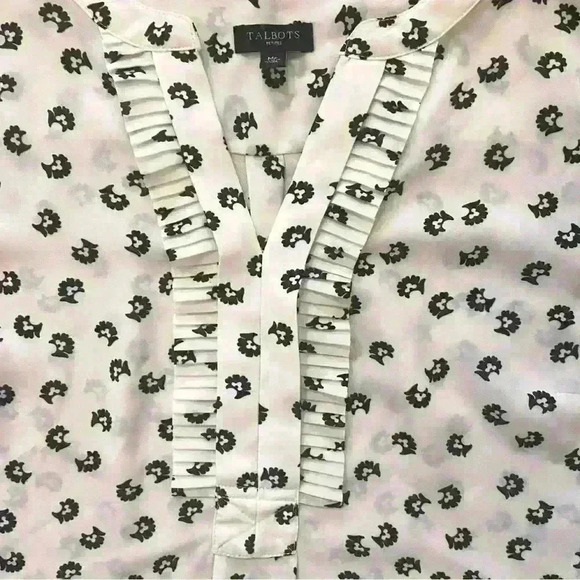 Talbots Sleeveless Blouse Size MP White with Black Design V neck ruffle collar - Picture 6 of 8